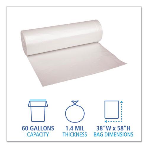 Recycled Low-Density Polyethylene Can Liners, 60 gal, 1.4 mil, 38" x 58", Clear, 10 Bags/Roll, 10 Rolls/Carton. Picture 2