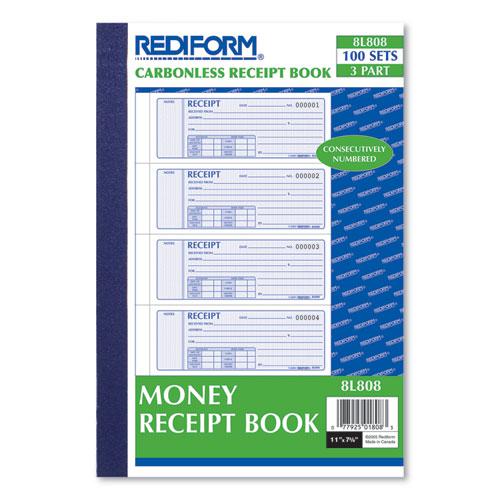 Money Receipt Book, Softcover, Three-Part Carbonless, 7 x 2.75, 4 Forms/Sheet, 100 Forms Total. Picture 2