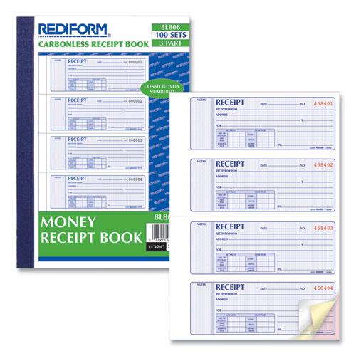 Money Receipt Book, Softcover, Three-Part Carbonless, 7 x 2.75, 4 Forms/Sheet, 100 Forms Total. Picture 3