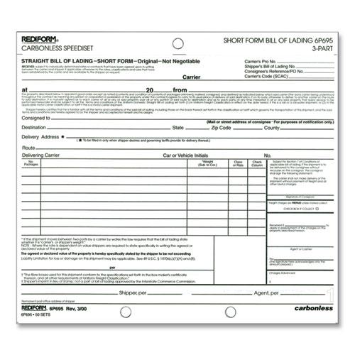 Speediset Bill of Lading, Short Form, Three-Part Carbonless, 7 x 8.5, 50 Forms Total. Picture 1