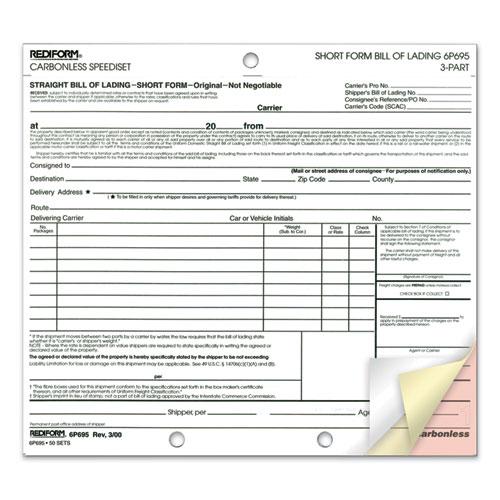 Speediset Bill of Lading, Short Form, Three-Part Carbonless, 7 x 8.5, 50 Forms Total. Picture 2