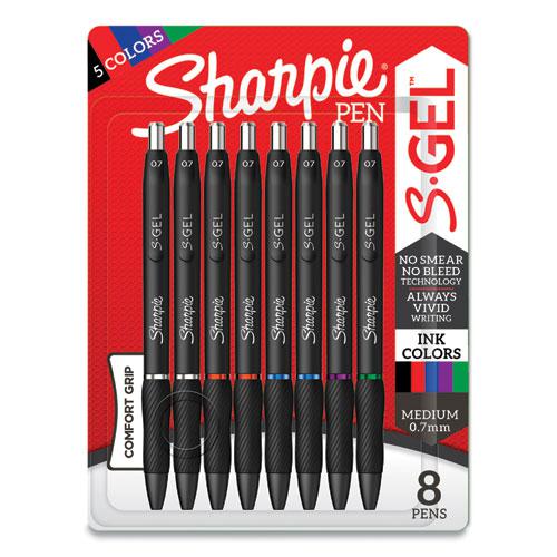S-Gel High-Performance Gel Pen, Retractable, Medium 0.7 mm, Five Assorted Ink Colors, Black Barrel, 8/Pack. Picture 4