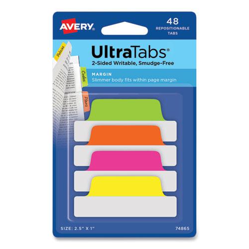 Ultra Tabs Repositionable Tabs, Margin Tabs: 2.5" x 1", 1/5-Cut, Assorted Neon Colors, 48/Pack. Picture 1