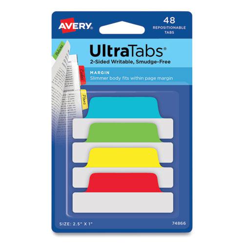 Ultra Tabs Repositionable Tabs, Margin Tabs: 2.5" x 1", 1/5-Cut, Assorted Colors, 48/Pack. Picture 1