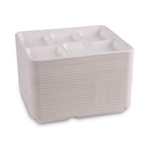 Bagasse Dinnerware, 5-Compartment Tray, 10 x 8, White, 500/Carton. Picture 2