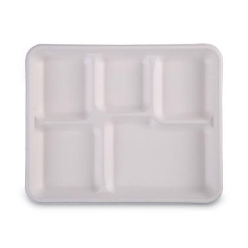 Bagasse Dinnerware, 5-Compartment Tray, 10 x 8, White, 500/Carton. Picture 7