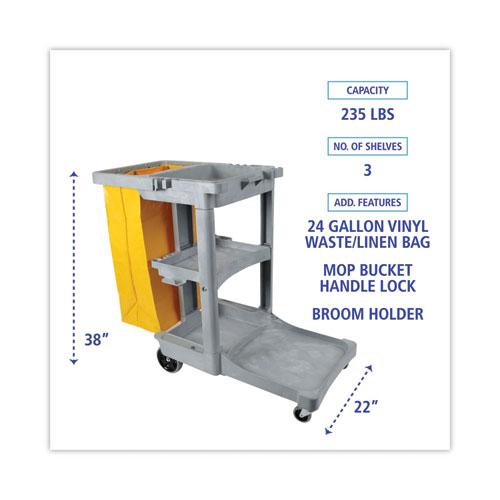 Janitor's Cart, Plastic, 4 Shelves, 1 Bin, 22" x 44" x 38", Gray. Picture 3