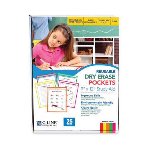 Reusable Dry Erase Pockets, 9 x 12, Assorted Neon Colors, 25/Box. Picture 3