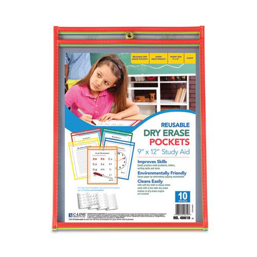 Reusable Dry Erase Pockets, 9 x 12, Assorted Primary Colors, 10/Pack. Picture 2