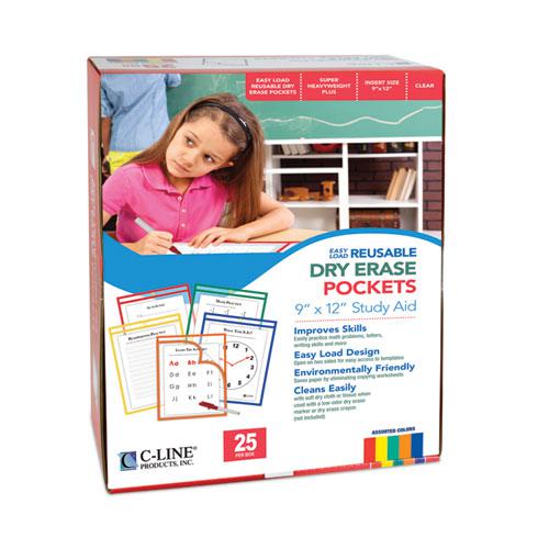 Reusable Dry Erase Pockets, Easy Load, 9 x 12, Assorted Primary Colors, 25/Pack. Picture 2
