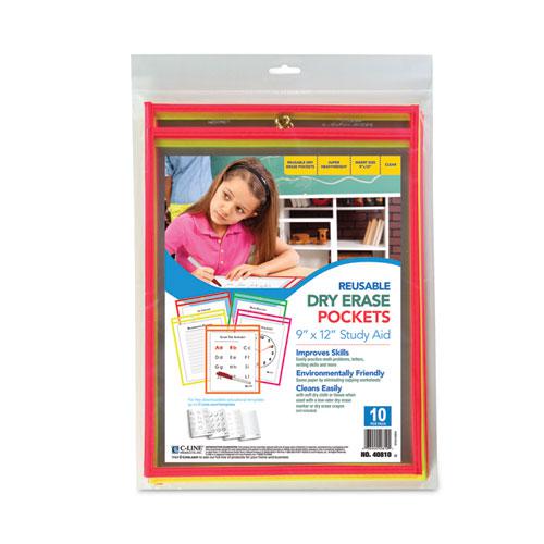 Reusable Dry Erase Pockets, 9 x 12, Assorted Neon Colors, 10/Pack. Picture 4
