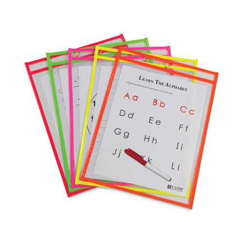 Reusable Dry Erase Pockets, 9 x 12, Assorted Neon Colors, 10/Pack. Picture 1