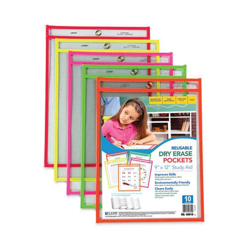 Reusable Dry Erase Pockets, 9 x 12, Assorted Neon Colors, 10/Pack. Picture 3