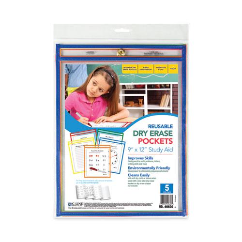 Reusable Dry Erase Pockets, 9 x 12, Assorted Primary Colors, 5/Pack. Picture 3