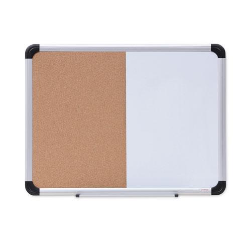 Cork/Dry Erase Board, Melamine, 24 x 18, Tan/White Surface, Gray/Black Aluminum/Plastic Frame. Picture 1