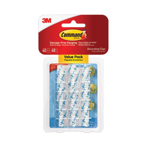 Clear Hooks and Strips, Decorating Clips, Plastic, 0.15 lb Capacity, 40 Clips and 48 Strips/Pack. Picture 1
