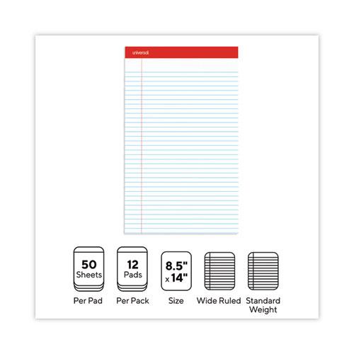 Perforated Ruled Writing Pads, Wide/Legal Rule, Red Headband, 50 White 8.5 x 14 Sheets, Dozen. Picture 4