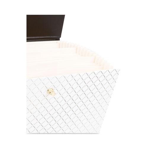 Expanding File Box, 5.25" Expansion, 19 Sections, Twist-Lock Latch Closure, 2/5-Cut Tabs, Letter Size, White/Black/Gold. Picture 3