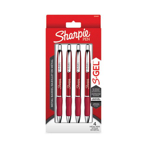 S-Gel Premium Metal Barrel Gel Pen, Retractable, Medium 0.7 mm, Black Ink, Red Barrel, 4/Pack. Picture 1
