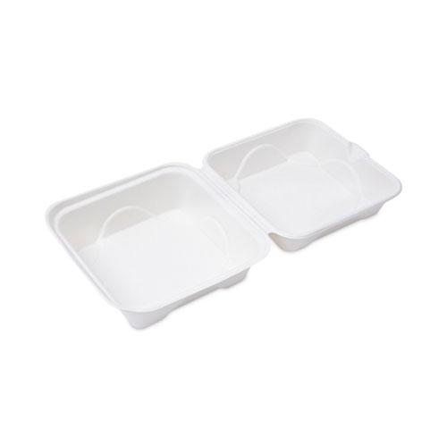 Bagasse Hinged Clamshell Containers, 6 x 6 x 3, White, Sugarcane, 50/Pack, 10 Packs/Carton. The main picture.