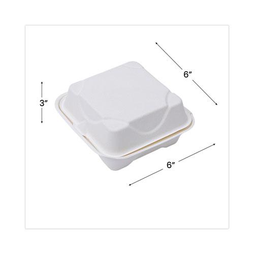 Bagasse Hinged Clamshell Containers, 6 x 6 x 3, White, Sugarcane, 50/Pack, 10 Packs/Carton. Picture 3