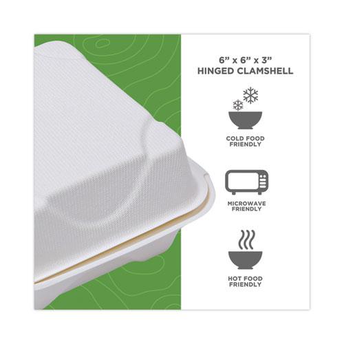 Bagasse Hinged Clamshell Containers, 6 x 6 x 3, White, Sugarcane, 50/Pack, 10 Packs/Carton. Picture 4