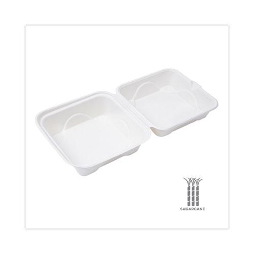 Bagasse Hinged Clamshell Containers, 6 x 6 x 3, White, Sugarcane, 50/Pack, 10 Packs/Carton. Picture 5
