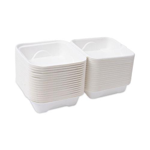 Bagasse Hinged Clamshell Containers, 6 x 6 x 3, White, Sugarcane, 50/Pack, 10 Packs/Carton. Picture 7