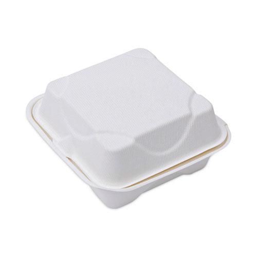 Renewable and Compostable Sugarcane Clamshells, 6 x 6 x 3, White, 50/Pack, 10 Packs/Carton. Picture 8