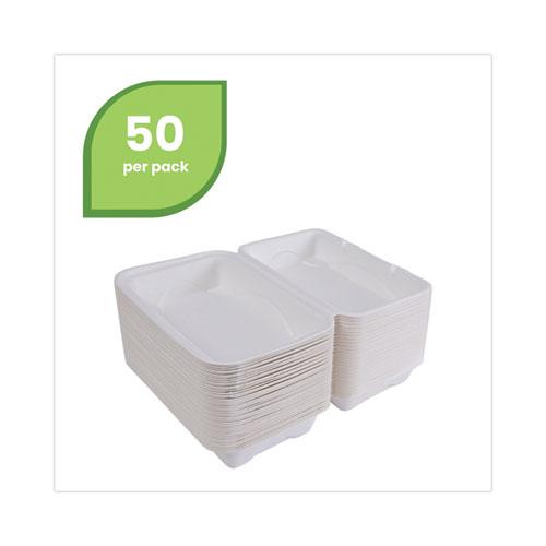 Bagasse Hinged Clamshell Containers, 6 x 6 x 3, White, Sugarcane, 50/Pack, 10 Packs/Carton. Picture 9
