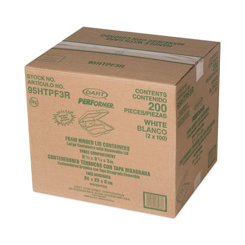 Foam Hinged Lid Container, 3-Compartment, 9.3 x 9.5 x 3, White, 100/Bag, 2 Bag/Carton. Picture 2