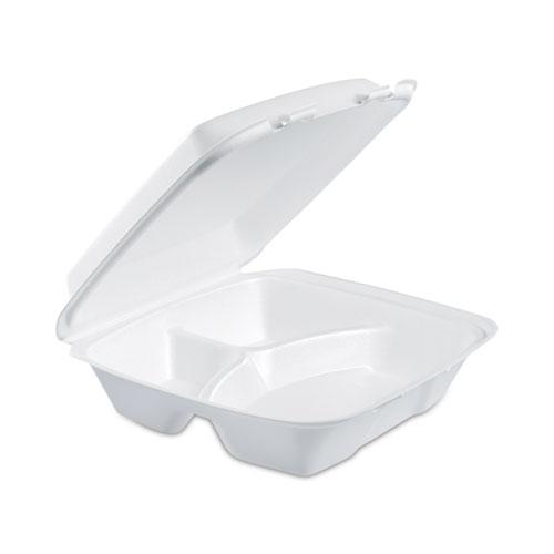 Foam Hinged Lid Container, 3-Compartment, 8 oz, 9 x 9.4 x 3, White, 200/Carton. Picture 2