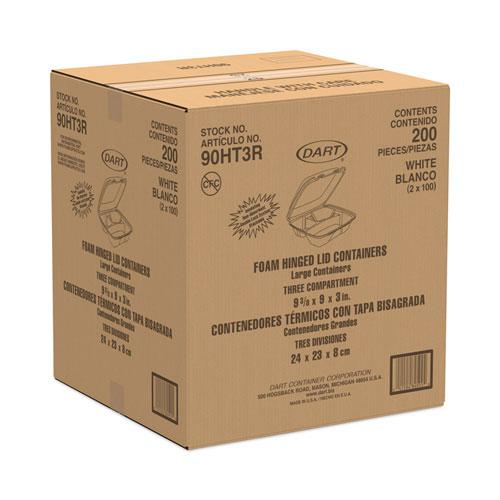 Foam Hinged Lid Container, 3-Compartment, 8 oz, 9 x 9.4 x 3, White, 200/Carton. Picture 3