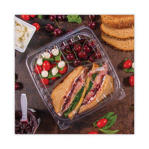 ClearSeal Hinged-Lid Plastic Containers, 3-Compartment, 9.5 x 9 x 3, 100/Bag, 2 Bags/Carton. Picture 5
