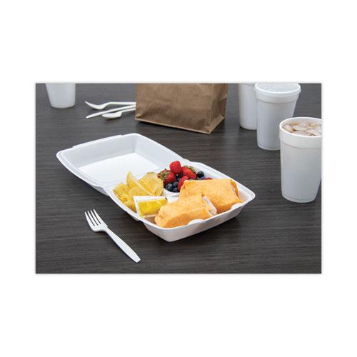 Foam Hinged Lid Container, 3-Compartment, 8 oz, 9 x 9.4 x 3, White, 200/Carton. Picture 6