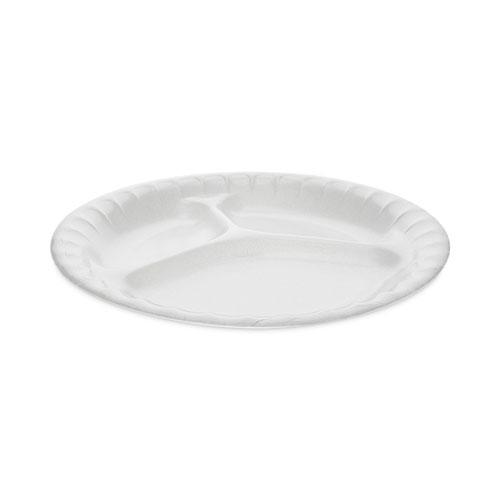 Placesetter Deluxe Laminated Foam Dinnerware, 3-Compartment Plate, 8.88" dia, White, 500/Carton. Picture 1