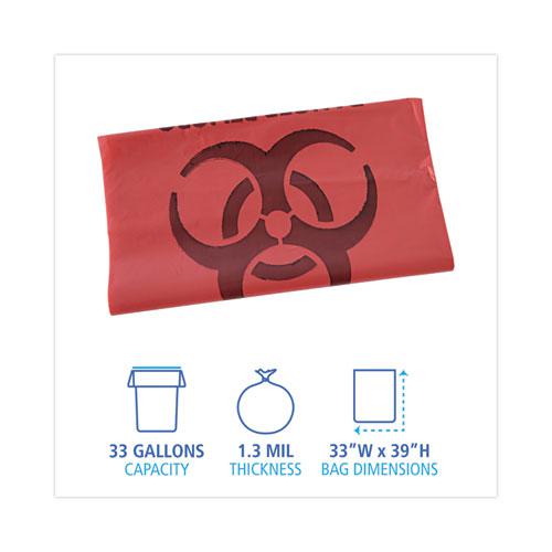Linear Low Density Health Care Trash Can Liners, 33 gal, 1.3 mil, 33 x 39, Red, 150/Carton. Picture 2
