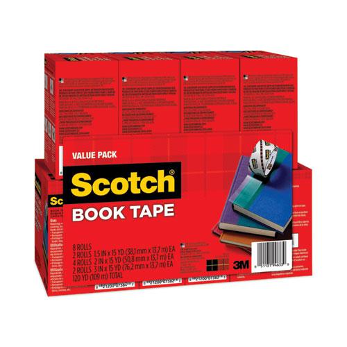 Book Tape Value Pack, 3" Core, (2) 1.5" x 15 yds, (4) 2" x 15 yds, (2) 3" x 15 yds, Clear, 8/Pack. Picture 3
