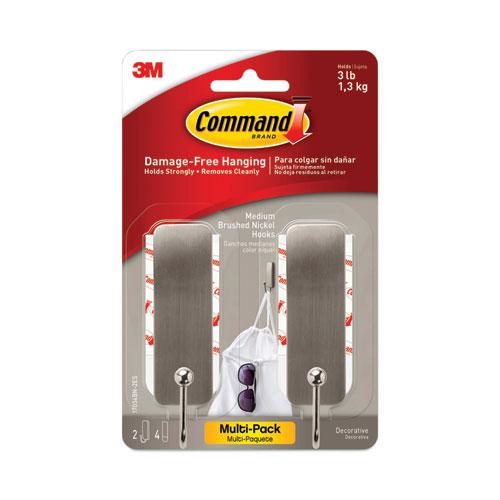 Decorative Hooks, Medium, Metal, Brushed Nickel, 3 lb Capacity, 2 Hooks and 4 Strips/Pack. Picture 2