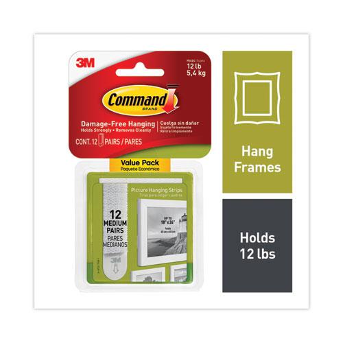 Picture Hanging Strips, Value Pack, Medium, Removable, Holds Up to 12 lbs, 0.75 x 2.75, White, 12 Pairs/Pack. Picture 2