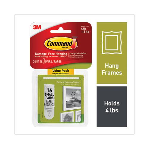 Picture Hanging Strips, Value Pack, Small, Removable, Holds Up to 4 lbs, 0.63 x 1.81, White, 16 Pairs/Pack. Picture 1