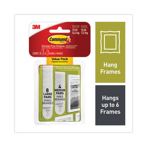 Picture Hanging Strips, Value Pack, Removable, (8) Large 0.63 x 3.63 Pairs, (4) Medium 0.5 x 2.75 Pairs, White. Picture 1