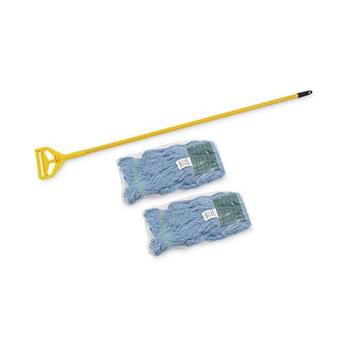 Looped End Mop Kit, Medium Blue Cotton/Rayon/Synthetic Head, 60" Yellow Metal/Polypropylene Handle. Picture 6