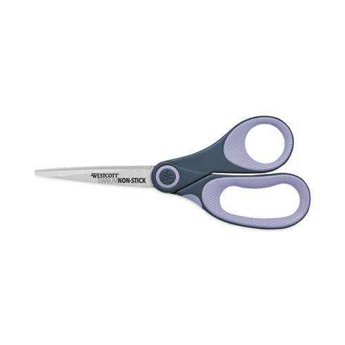 Non-Stick Titanium Bonded Scissors, 8" Long, 3.25" Cut Length, Gray/Purple Straight Handle. Picture 1