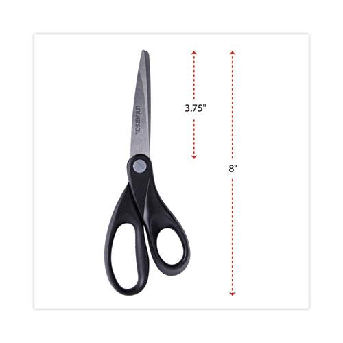 Stainless Steel Office Scissors, 8" Long, 3.75" Cut Length, Black Straight Handle. Picture 3