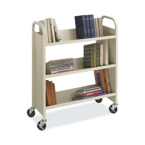 Steel Single-Sided Book Cart, Metal, 3 Shelves, 300 lb Capacity, 36" x 14.5" x 43.5", Sand. Picture 2