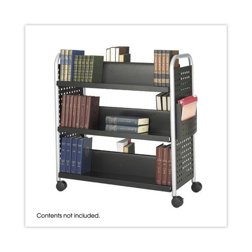 Scoot Double-Sided Book Cart, Metal, 6 Shelves, 1 Bin, 41.25" x 17.75" x 41.25", Black. Picture 2
