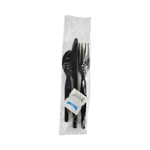 Six-Piece Cutlery Kit, Condiment/Fork/Knife/Napkin/Spoon, Heavyweight, Black, 250/Carton. Picture 1
