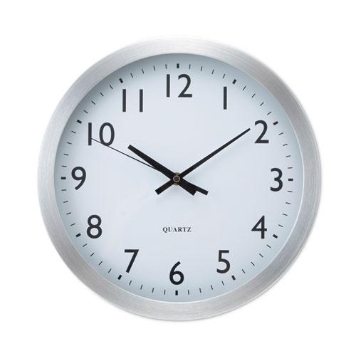 Brushed Aluminum Wall Clock, 12" Overall Diameter, Silver Case, 1 AA (sold separately). Picture 1