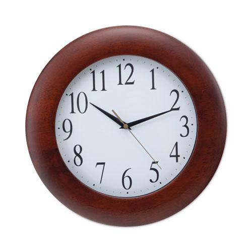Round Wood Wall Clock, 12.75" Overall Diameter, Cherry Case, 1 AA (sold separately). Picture 1